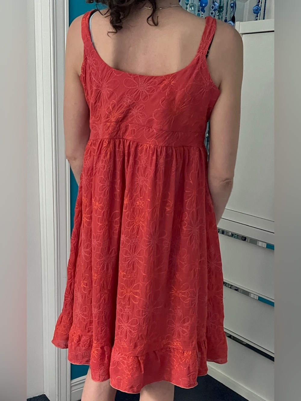 🇨🇦Burnt Orange Floral Embroidered Knee-Length Dress Ruffle Hem Romantic Festival - Picture 7 of 12